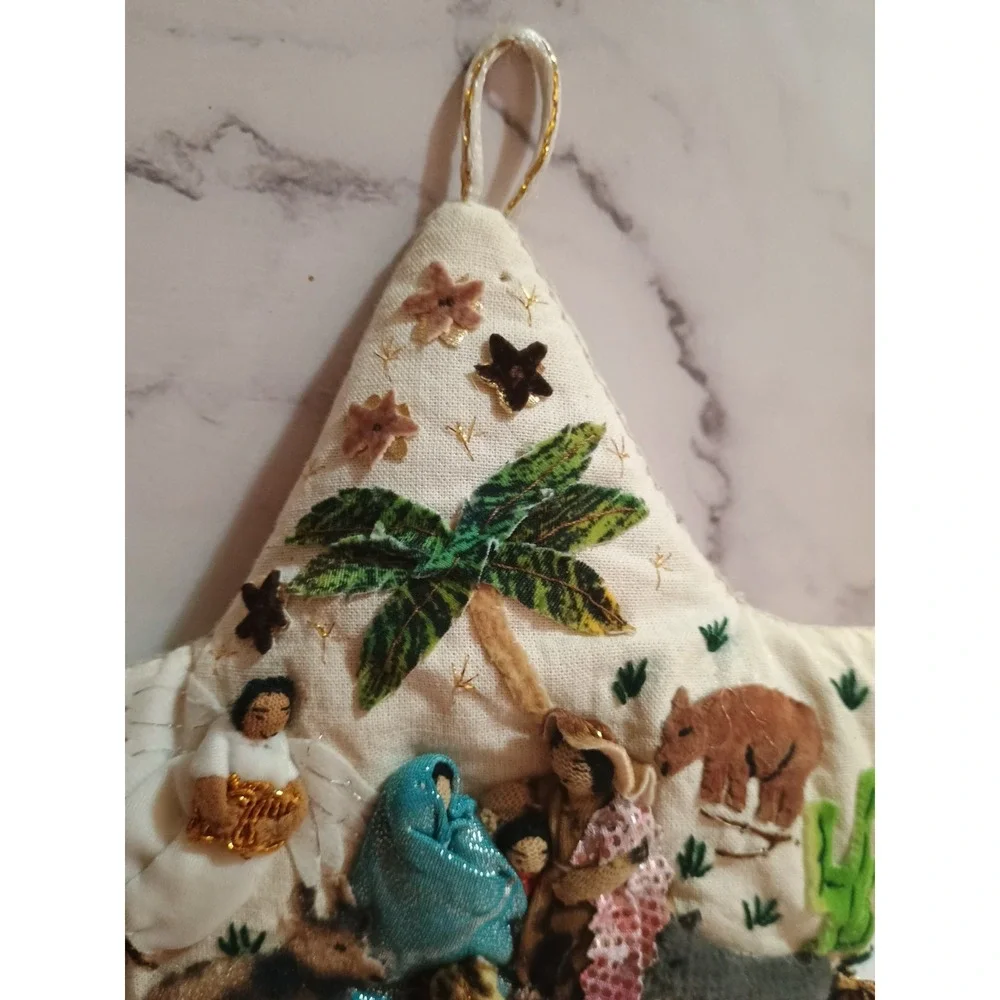 Vintage Fabric Nativity Scene Star‎ Tree Topper Metallic Vibrant Color Ornaments